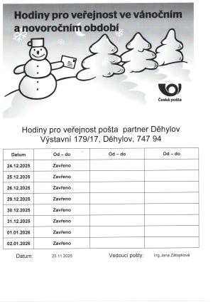 Hodiny pro veřejnost pošty Partner Děhylov